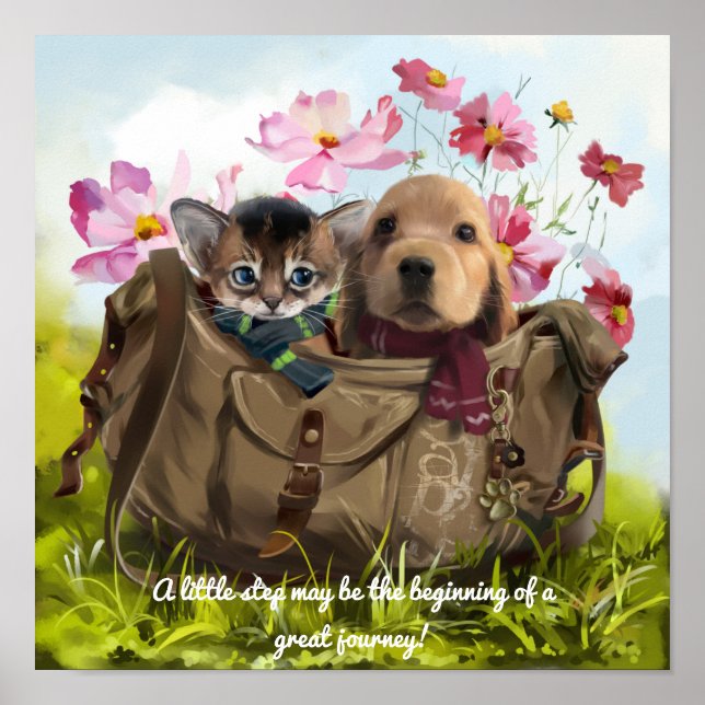 Poster Gatinho e viagem de cachorrinho em uma bolsa (Frente)
