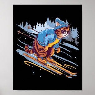 Poster Gatinho esquiando ladeira nevada engraçado