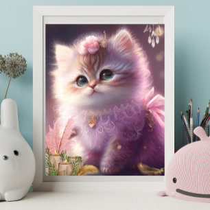 Poster Gatinho Fofinho de Gata em Vestido Roxo Arte Flora