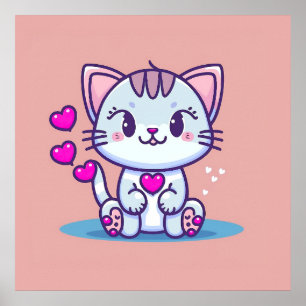 Poster Gatinho Fofo com Corações Inspirado no Dia dos Nam