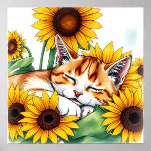 Poster Gatinho Fofo Dormindo e Girassóis