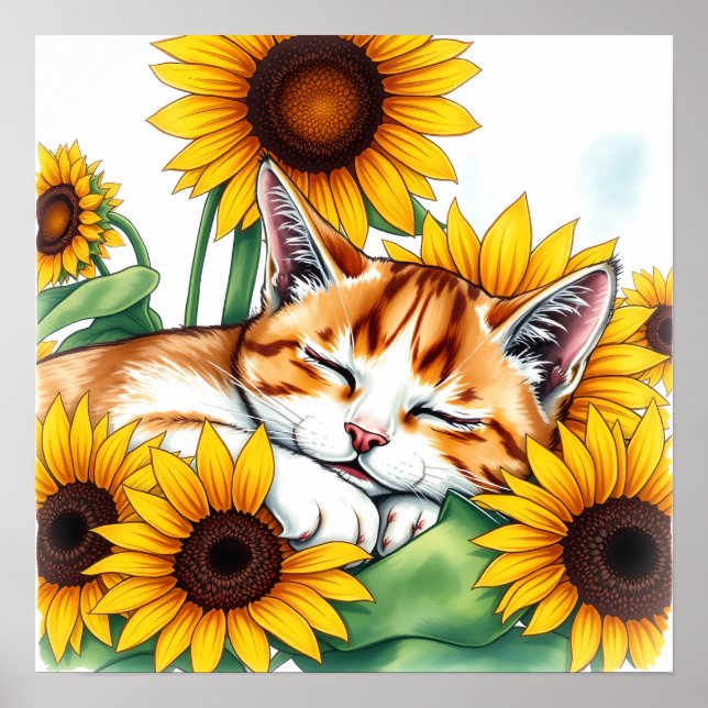 Poster Gatinho Fofo Dormindo e Girassóis (Frente)