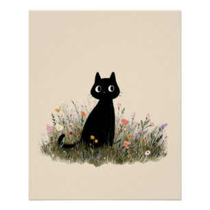 Pôster Gatinho Fofo na Estética Cottagecore de Flores