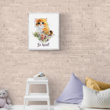 Gatinho fofo olhando para cima com flores em aquar