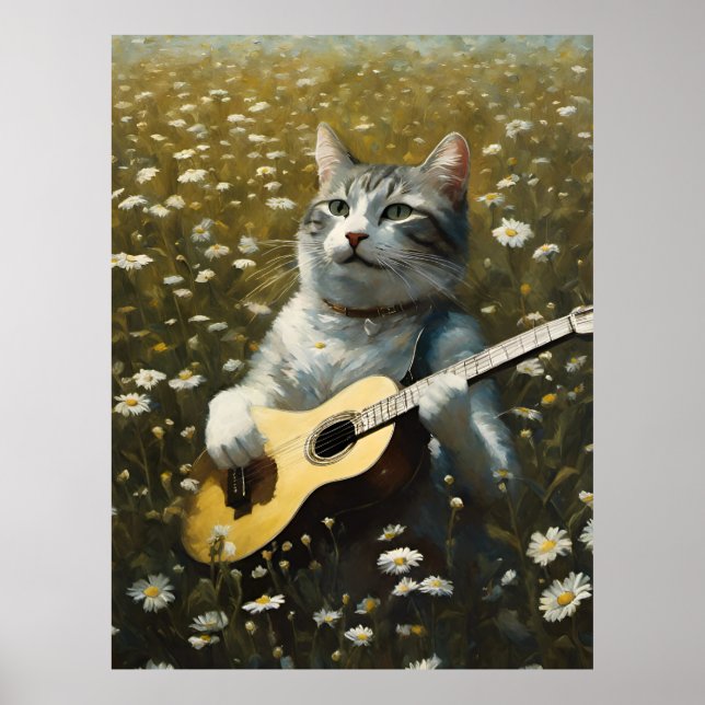 Poster Gatinho Gato Bonito Tocando Violão Acústico (Frente)