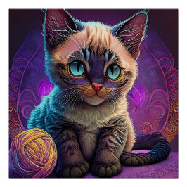 Pôster Gatinho Jovem de Olhos Azuis Com Bola de Lã