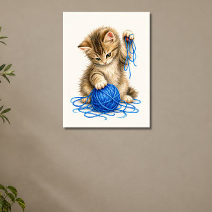 Poster Gatinho Malhado Fofo Brincando com Fio Azul