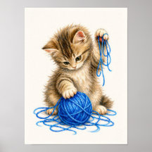 Gatinho Malhado Fofo Brincando com Fio Azul