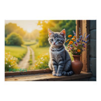 Gatinho Malhado Fofo pela Janela com Flores Silves