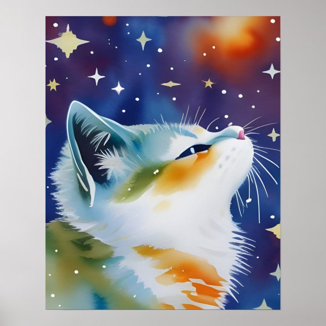 Poster Gatinho Noturno Estrelado Aquarela  (Frente)