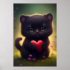 Poster Gatinho Preto Bonito com Coração e Flores