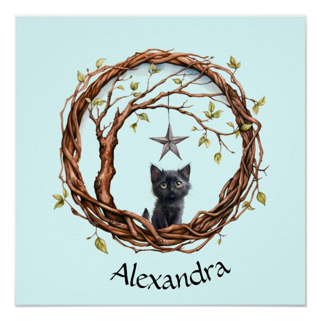 Pôster Gatinho Preto Bonito Observando uma Estrela (Frente)