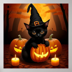 Poster Gatinho Preto de Chapéu de Bruxa entre Abóboras de