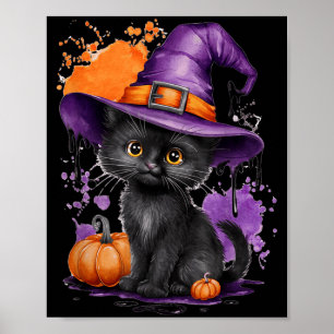 Poster Gatinho Preto do Dia das Bruxas Chapéu de Bruxa Ab