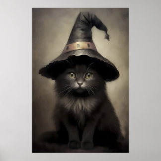 Poster Gatinho Preto em um Chapéu de Bruxa, Gato de Hallo