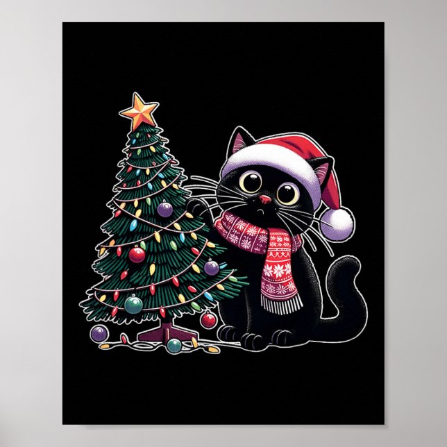 Poster Gatinho Preto Gato Gatinho Papai Noel Árvore De Na (Frente)