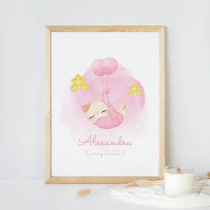 Poster Gatinho rosa bonito com nome personalizado de balõ