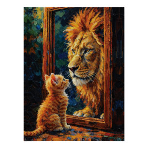 Pôster Gatinho Vendo Reflexo de Leão Motivacional Impasto