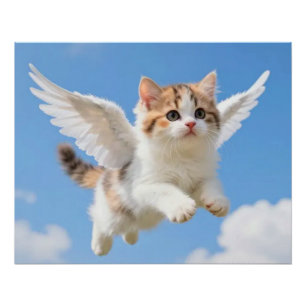 Pôster Gatinho Voador Fofo Calico Tabby Céu Azul