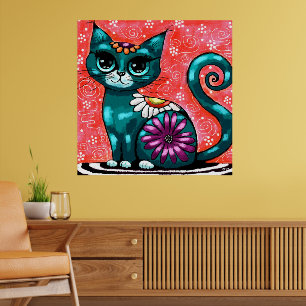 Poster Gatinho Whimsso Sentado em Rã Teal Floral