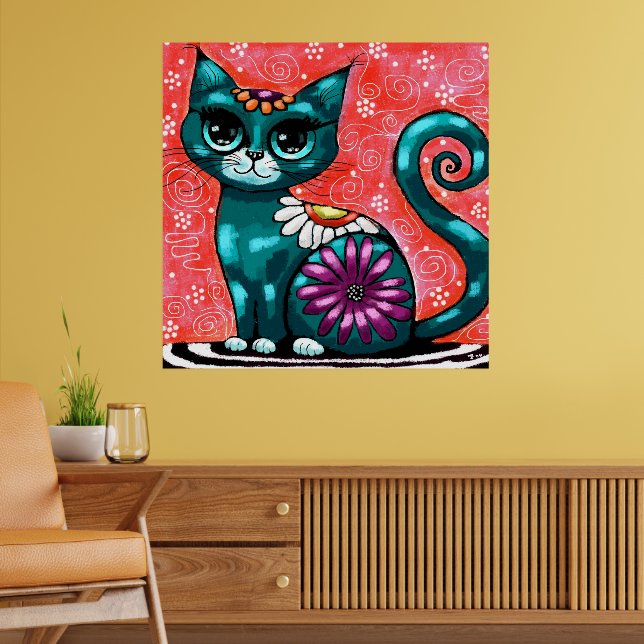 Poster Gatinho Whimsso Sentado em Rã Teal Floral (Sala de Estar 2)