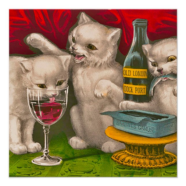 Pôster Gatinhos bebendo e comendo peixe-sardinha (Frente)