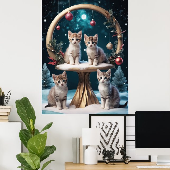 Poster Gatinhos de Natal Whimsso em Dourada Stand (Escritório em casa)