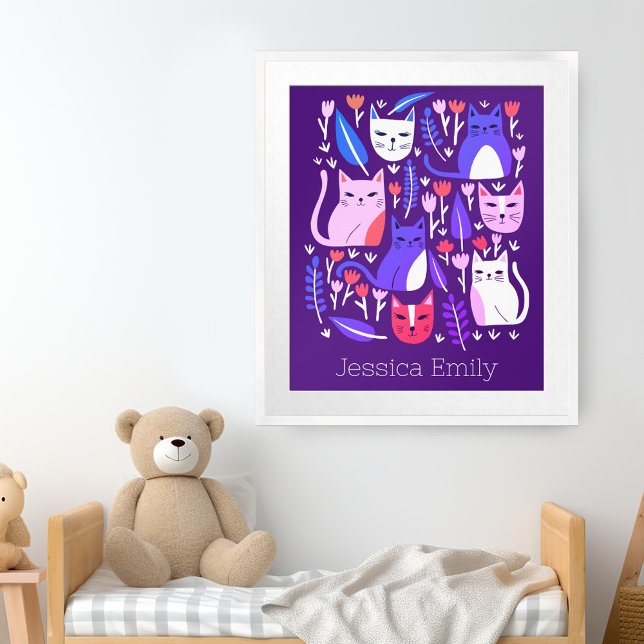 Poster Gatinhos e Tulipas Gatos-Cute Cats PERSONALIZADOS  (Kittens and Tulips Cute Cats CUSTOM BABY NAME Art Poster Personalized Nursery Art Baby Kids Room)