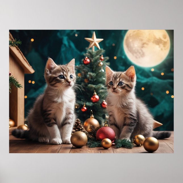 Poster Gatinhos festivos na árvore de Natal em lua cheia (Frente)