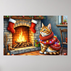 Poster Gato Abissínio Sentado ao Lado da Lareira com Nata