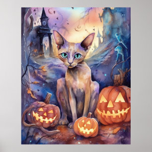Poster Gato Abissino Do Halloween Com Pumpkins Assustado