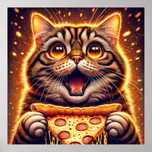 Poster Gato Adorador de Pizza com Olhos Amplos