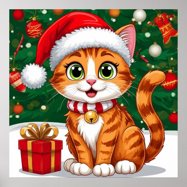 Poster Gato Adorável com Chapéu de Papai Noel e Presente (Frente)