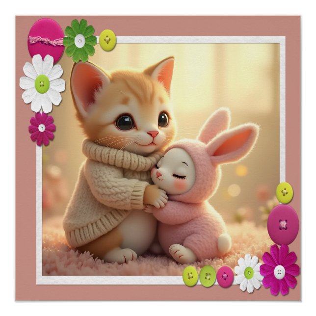 Pôster Gato adorável e coelhinho pequeno, (Frente)