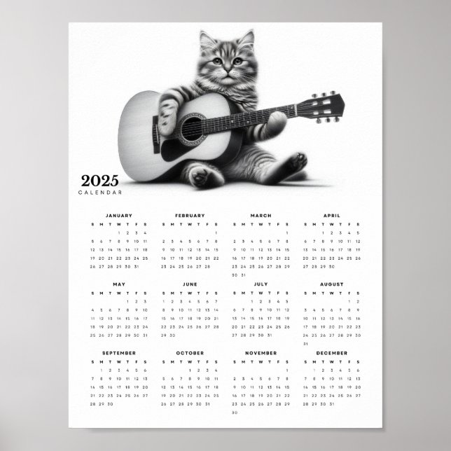 Poster Gato Adorável Jogando Violão Acústico 2025 Calendá (Frente)