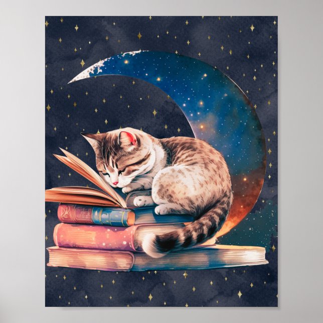Poster Gato Adorável na Lua Lendo Um Livro (Frente)