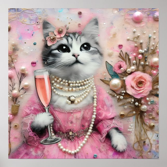 Poster Gato Adorável num Vestido Rosa com Pérolas (Frente)