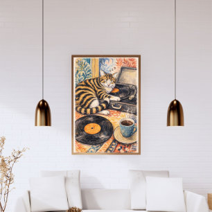 Poster Gato Adormecido com Toca-Discos de Vinil – Vintage