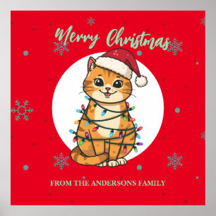 Poster Gato alegre vermelho moderno floco de neve Natal g