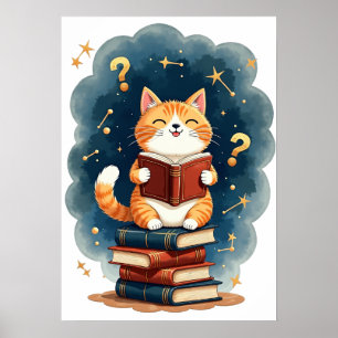 Poster Gato Amante de Livro Espacial Lendo Constelação Es