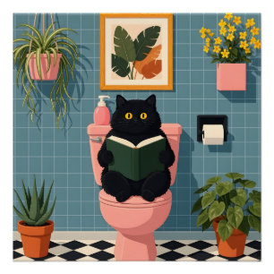Pôster Gato Amante de Livros Fofo Arte de Banheiro