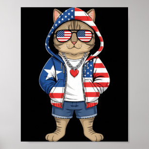 Poster Gato Americano Bandeira EUA Vermelho Branco Azul P