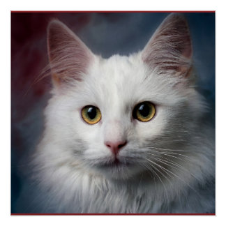 Pôster Gato Angorá Turco Branco Azul Vermelho