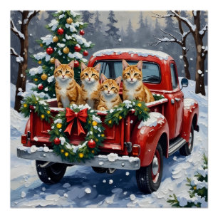 Pôster Gato Angora Turco Natal Caminhão Vermelho Feriado
