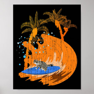 Poster Gato Animal Surfista Divertido Prancha de Surf Oce