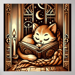 Poster Gato Antigo Estilo Art Déco Dormindo Com Um Livro