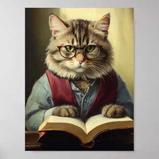 Poster gato antropomórfico lendo um livro