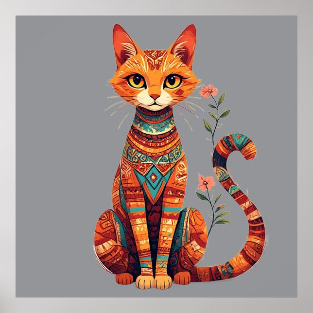 Poster Gato Artístico Fofo com Ramo Floral (Frente)