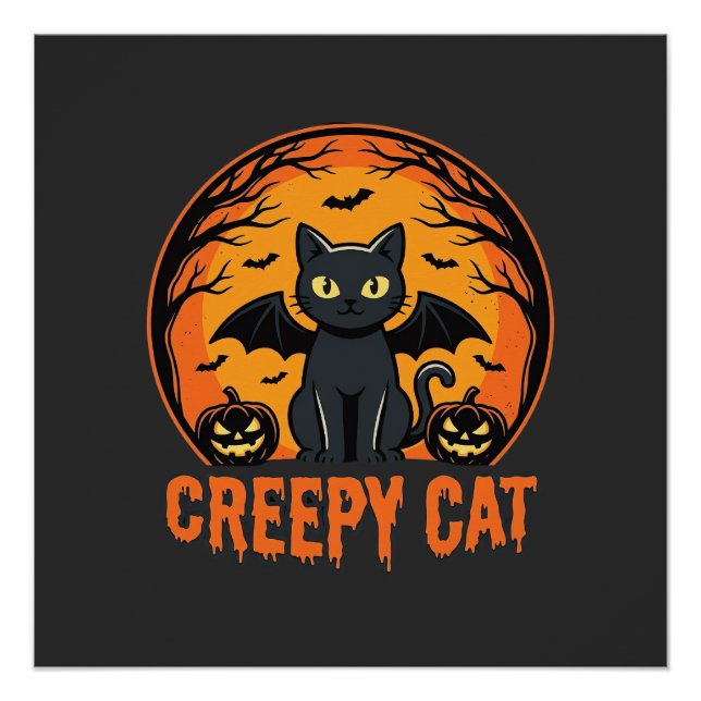 Pôster Gato Assustador Desenho Gráfico Morcego Lua de Hal (Frente)