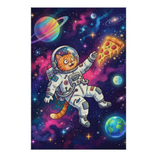 Pôster Gato Astronauta Engraçado Flutuando Pizza Espaço G